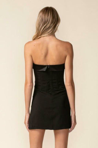 bodycon black strapless mini dress with satin finish