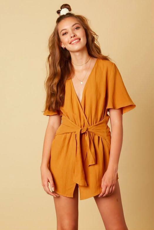 mustard yellow romper dress " Adalyn " Romper with Waist Tie ( Mustard Yellow )