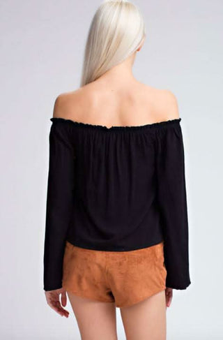 Evia Black Eyelet Off-the-Shoulder Bell Sleeve Top - Back View