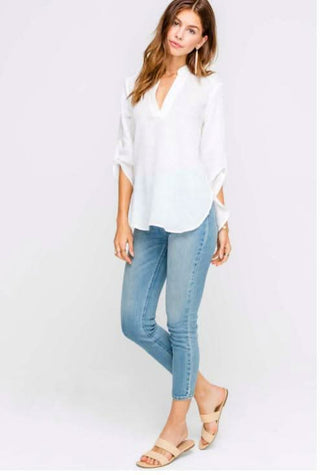 Just In Time White Roll Tab Sleeve Top - Front View