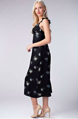  Side View of Black Floral Print Midi Dress 