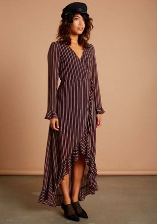Vine Burgundy Stripe Long Sleeve Ruffle Wrap Maxi Dress - Styled for Fall