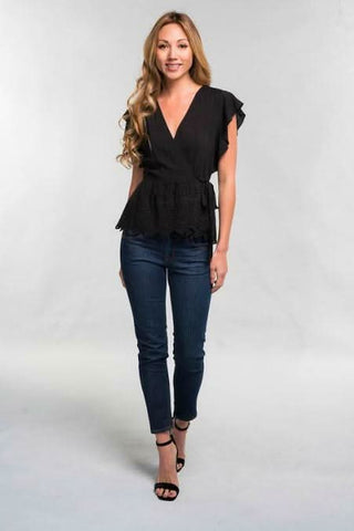 Black eyelet lace wrap top with ruffle detail - boho chic feminine blouse
