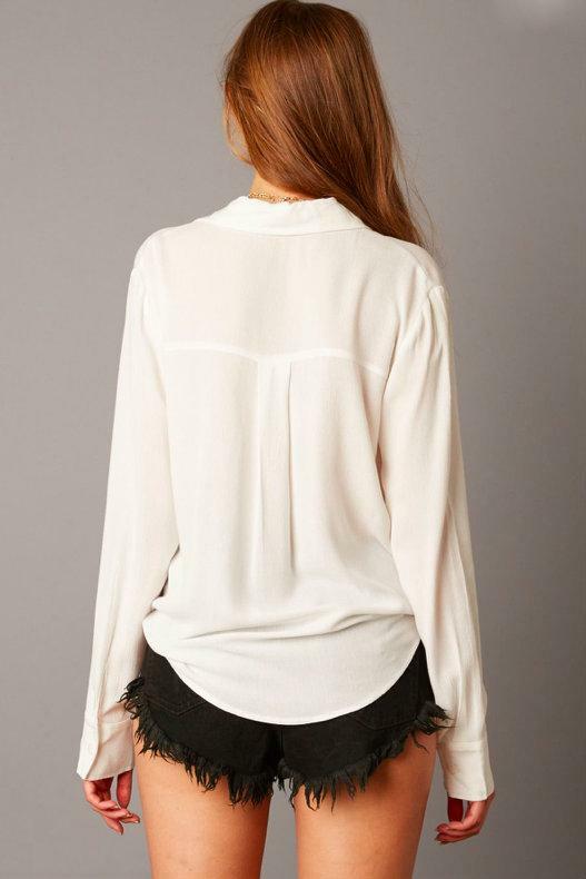 White Tie-Front Button-Up Long Sleeve Shirt