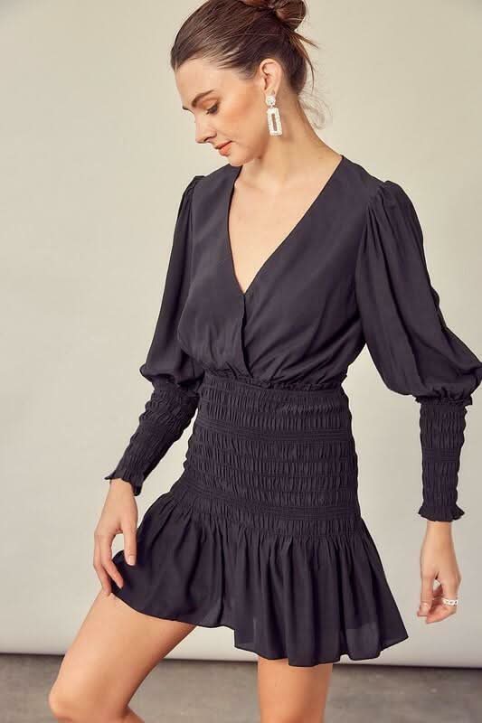 Mustard Seed Carlie Black Long Sleeve Mini Dress - Size L - Surplice Wrap with V-Neck, Puff Sleeves, Ruffled Hem Mustard Seed Carlie Black Long Sleeve Mini Dress - Size L - Surplice Wrap with V-Neck, Puff Sleeves, Ruffled Hem