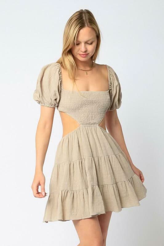 Khaki Cutout Puff Sleeve Mini Dress Open Back Cotton A-Line Summer Dress | Size M Khaki Cutout Puff Sleeve Mini Dress Open Back Cotton A-Line Summer Dress | Size M