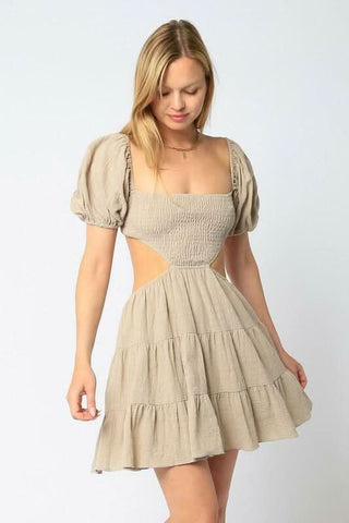 Khaki Cutout Puff Sleeve Dress 