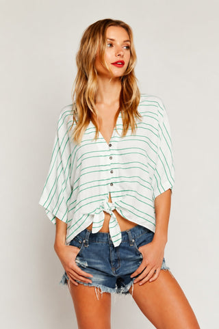 Succulent White and Green Embroidered Tie-Front Top - Front View