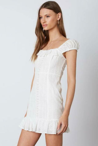 White eyelet A-line mini dress detail