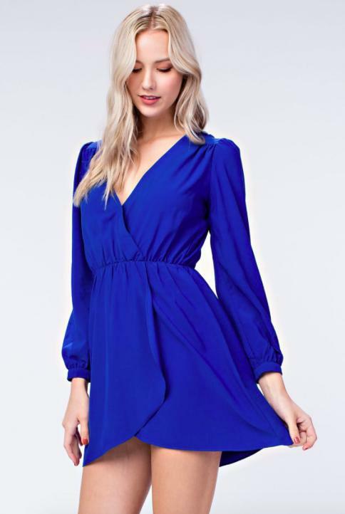 Royal Blue Long Sleeve Wrap Dress 