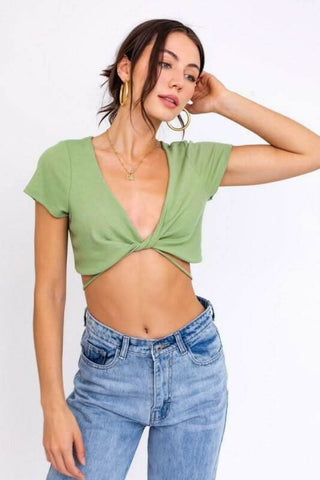Evangeline Sage Wrap Crop Top - Front View