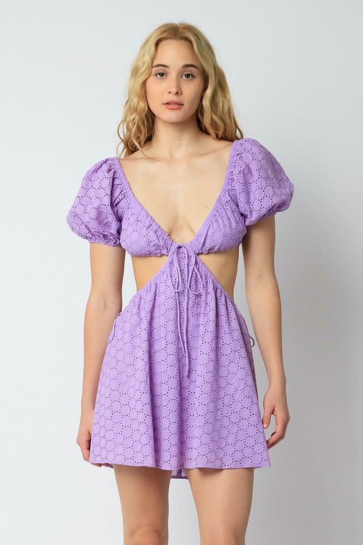 Olivaceous Lenah Lavender Eyelet Cutout Mini Dress | Babydoll V-Neck Puff Sleeve Style | Size L Olivaceous Lenah Lavender Eyelet Cutout Mini Dress | Babydoll V-Neck Puff Sleeve Style | Size L