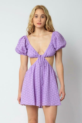 lavender eyelet puff sleeve mini dress with cutout waist