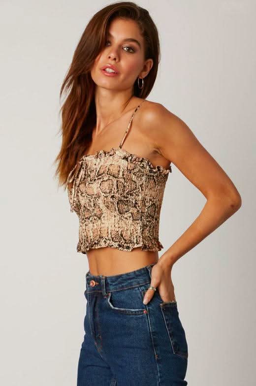 Snake Print Smocked Crop Top 