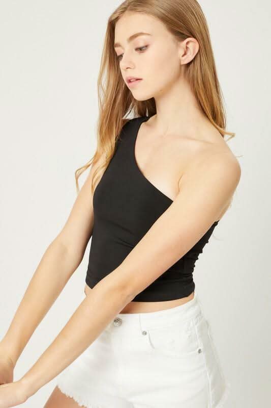 Elsa Black One-Shoulder Cropped Tank Top -  BohoPink