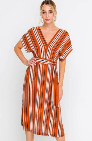 Marcella Rust Striped Dolman Sleeve Midi Dress - Front View