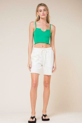 Don't Do It Emerald Lake Notch Cami Crop Top styled with white shorts