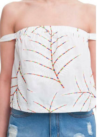 Close up view of Palm Meadow White Off-Shoulder Tie Sleeve Top