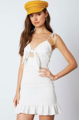 White vacation mini dress with tie straps