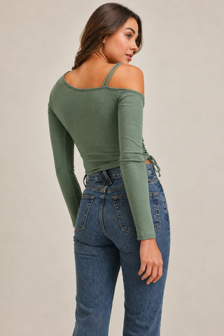 Lush Angie Olive One-Shoulder Ruched Crop Top - Back View 