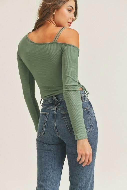 Lush Angie Olive One Shoulder Ruched Crop Top -  BohoPink