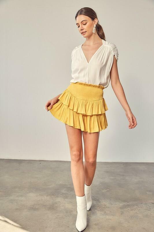 Yellow Smocked Waist Ruffle Skirt