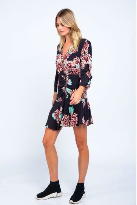Black Floral 3/4 Sleeve Ruffle Mini Dress