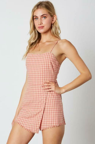 Pink textured woven romper side view
