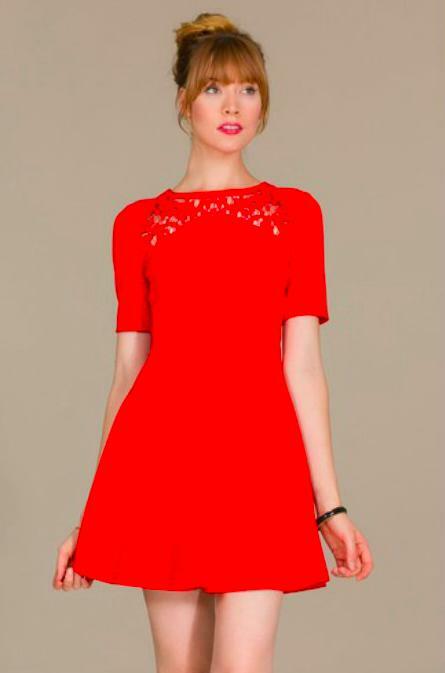 Red Crochet Trim Short Sleeve Skater Dress