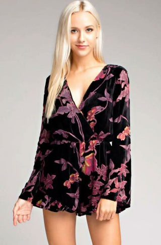 Oh My Black Floral Velvet Bell Sleeve Romper - Front View