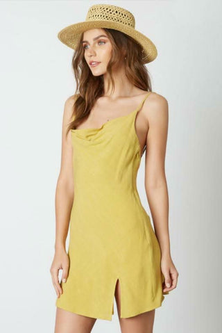 Mustard yellow mini slip dress with side slit