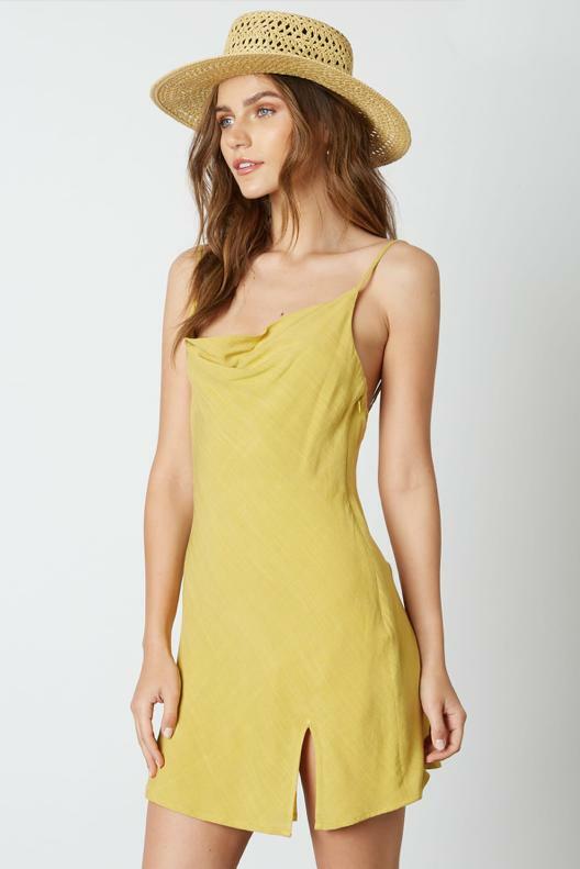 Cute Mustard Yellow Slip Dress with Off Center Slit