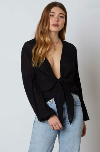 Gia Black Long Sleeve Tie-Front Crop Top -  BohoPink