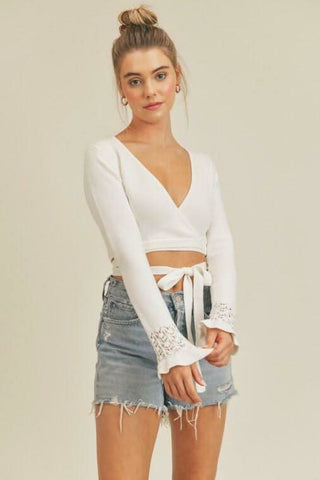 Cutest Ever White Cropped Wrap Sweater styled for spring