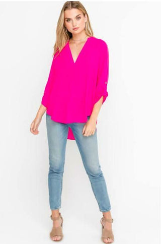See That Girl Fuchsia Pink Roll Tab Sleeve Top styled as a Valentine's Day Outfit