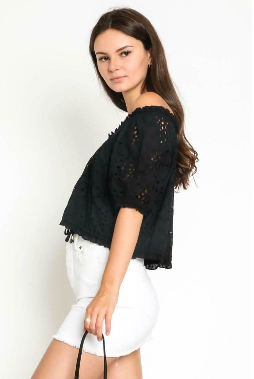 Kaylee Black Eyelet Off-the-Shoulder Crop Top -  BohoPink