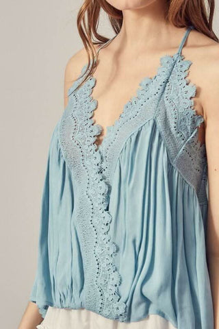 Everything Sweet Foam Blue Lace Trim Tank Top detailed view