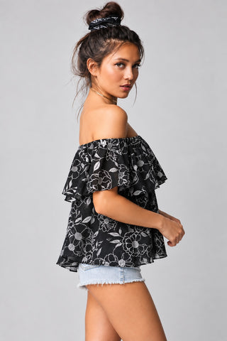 Perfect Harmony Black Floral Off-the-Shoulder Top - Side View