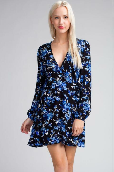 Black and Blue Floral Long Sleeve  Wrap Dress 