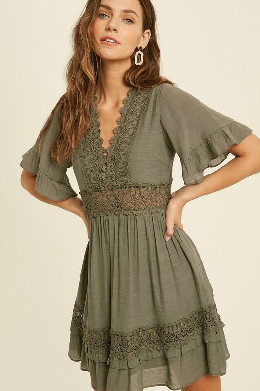 Olive Green Short Sleeve Mini Dress