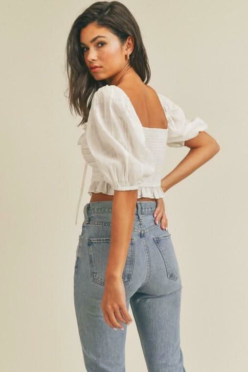Kimberly White Square Neck Puff Sleeve Crop Top -  BohoPink