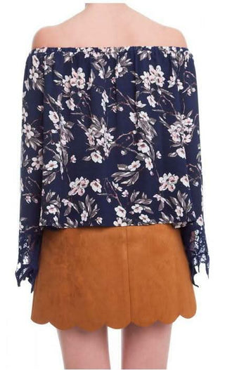 Back view Always and Forever Navy Floral Off-the-Shoulder Top