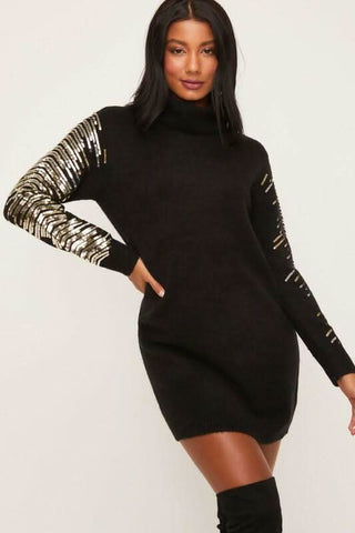 Kiara Black Long Sleeve Turtleneck Sweater Dress styled with high knee boots