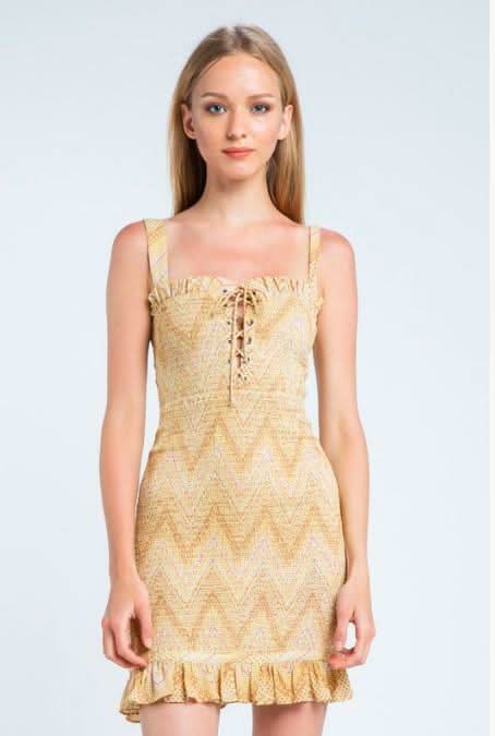 Yellow Chevron Print Smocked Mini Dress | Boho Pink Yellow Chevron Print Smocked Mini Dress | Boho Pink