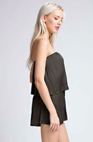 Gaea Olive Green Satin Strapless Romper side view