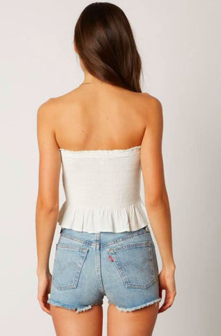 Women’s white tube top with stretchy smocked fit - back view