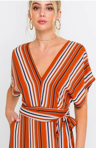 Marcella Rust Striped Dolman Sleeve Midi Dress - Close-Up View