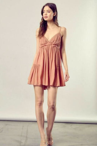 Brown flowy cami dress with lace trim and cutout back