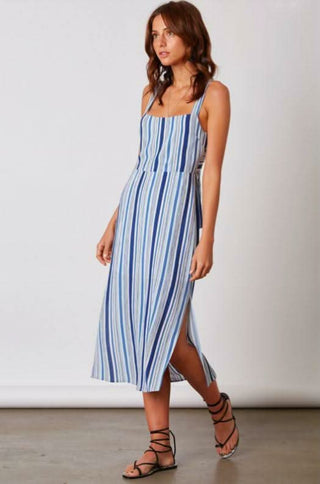 blue striped wide strap midi dress model walking view