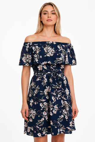 Bloom Zeal Navy Floral Print Off-The-Shoulder Ruffle Dress - Front View
